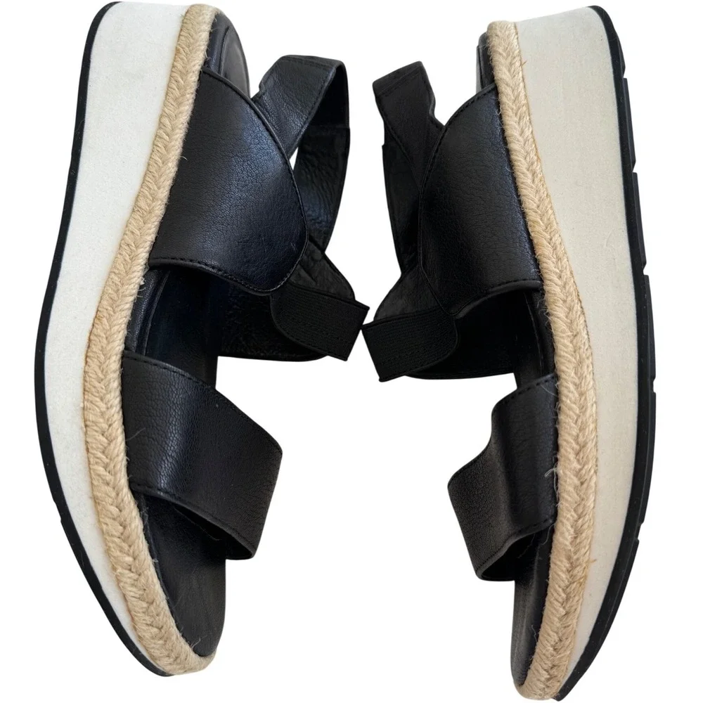 Eileen Fisher Dash Wedge Sandals 7.5 Black Leather Platform Espadrille Comfort